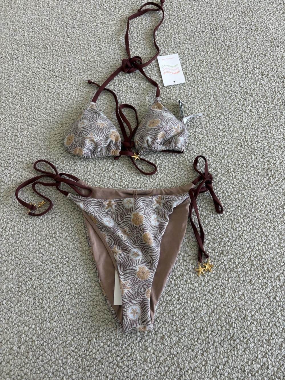 Dippin' Daisy's Floral Print Triangle Bikini - Brown, Beige & Gold Accents